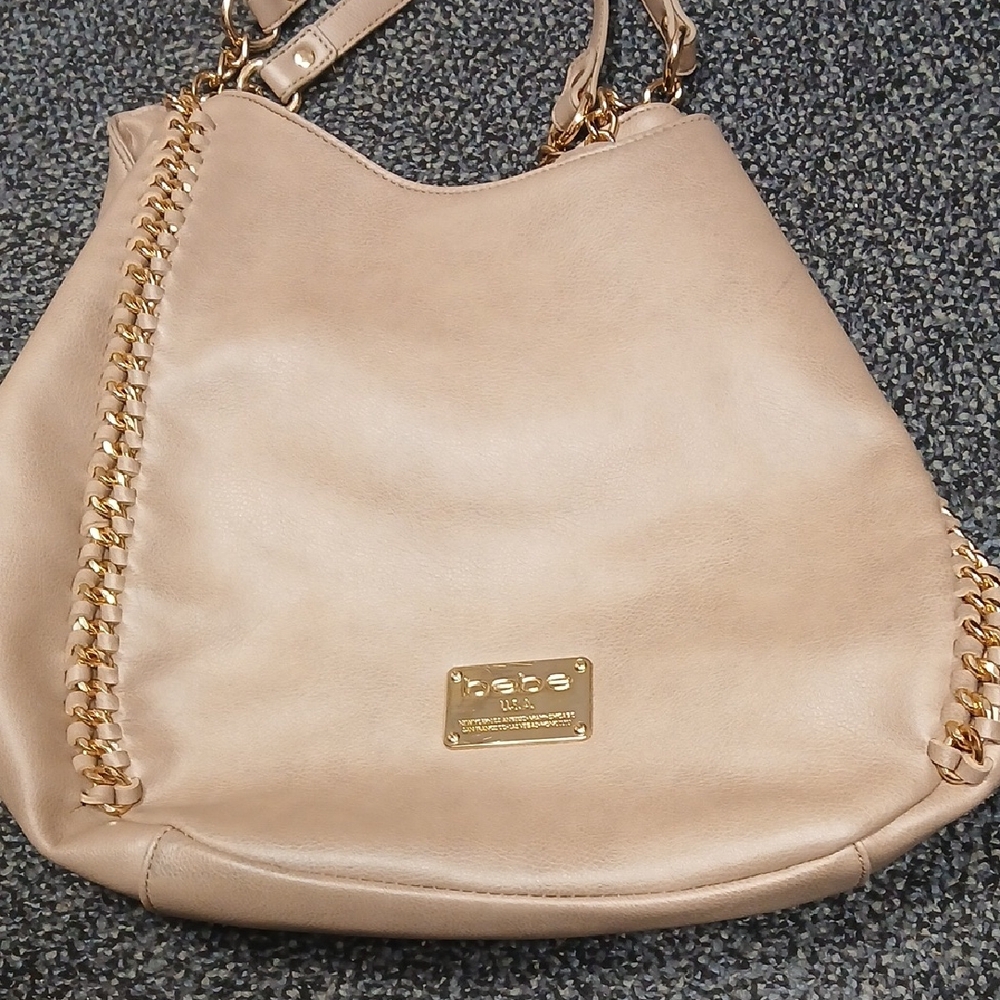 Bebe Tan Leather Shoulder Bag with Gold Accents